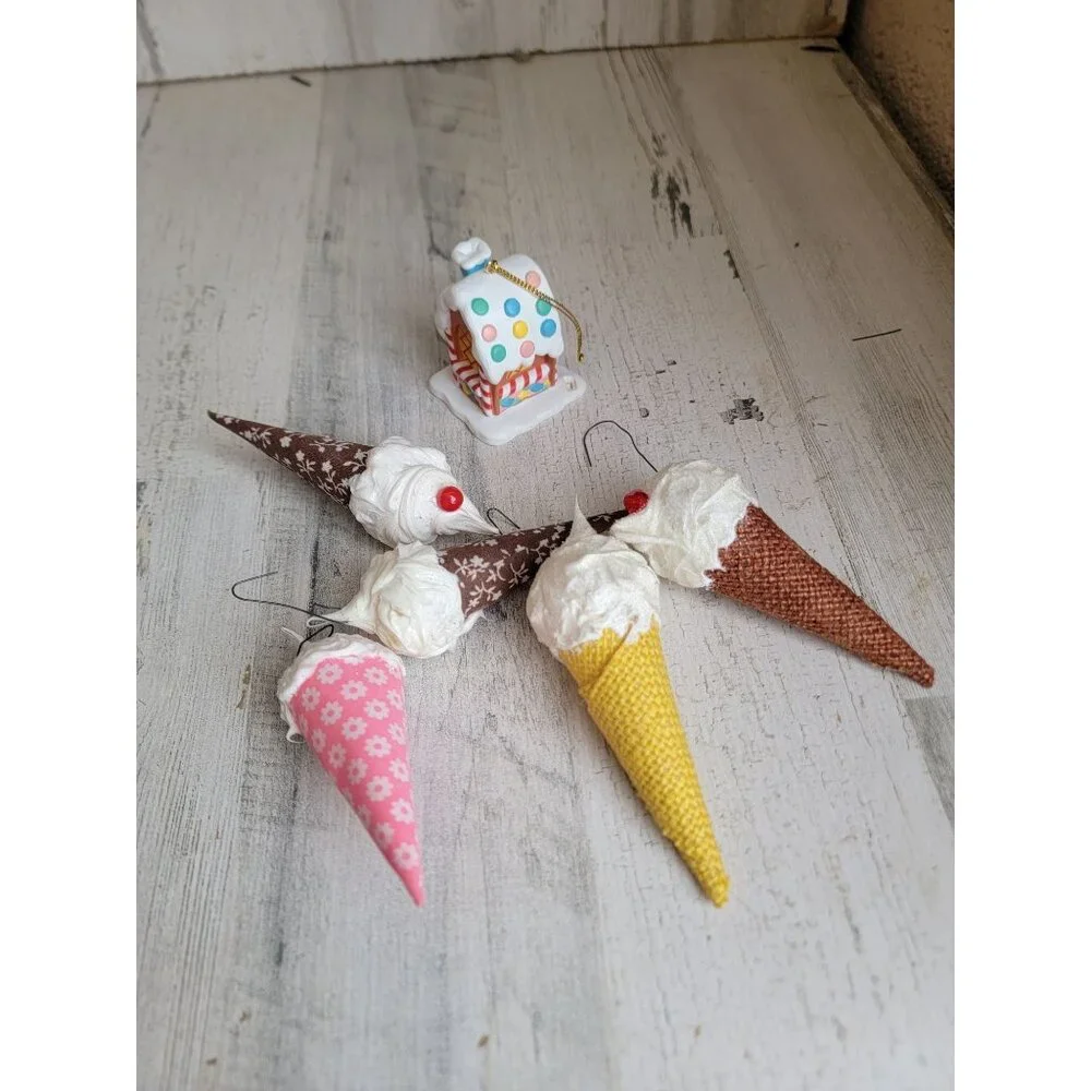Vintage ice cream cone treat gingerbread house‎ variety ornament Xmas set